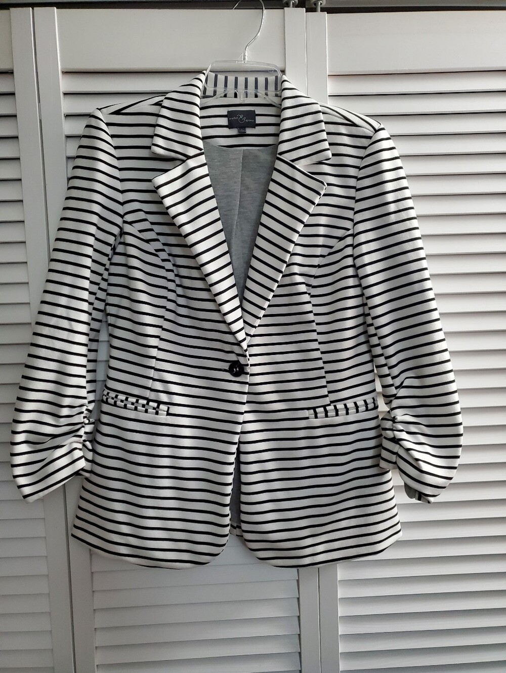 Market & Spruce Black and White Striped Blazer with 3/4 Ruched Sleeves- Size L